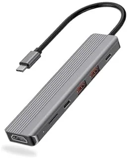 Powerology 6 in 1 Slim 4K HDMI USB-C Hub PD 100W USB MicroSD - رمادي داكن