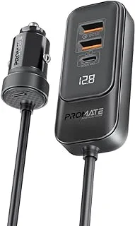 Promate Car Charger, Premium 120W DC Charger with Extended Hub, Dual USB-C Power Delivery Ports, Dual Qualcomm QC 3.0 USB-A Ports and 1.5M Cable for iPhone, iPad Air, GearHub-120W