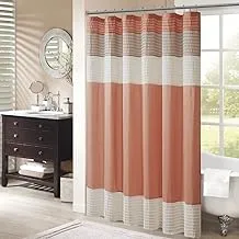Madison Park Amherst Bathroom Shower Curtain Faux Silk Pieced Striped Modern Microfiber Bath Curtains, 72x72 Inches, Coral