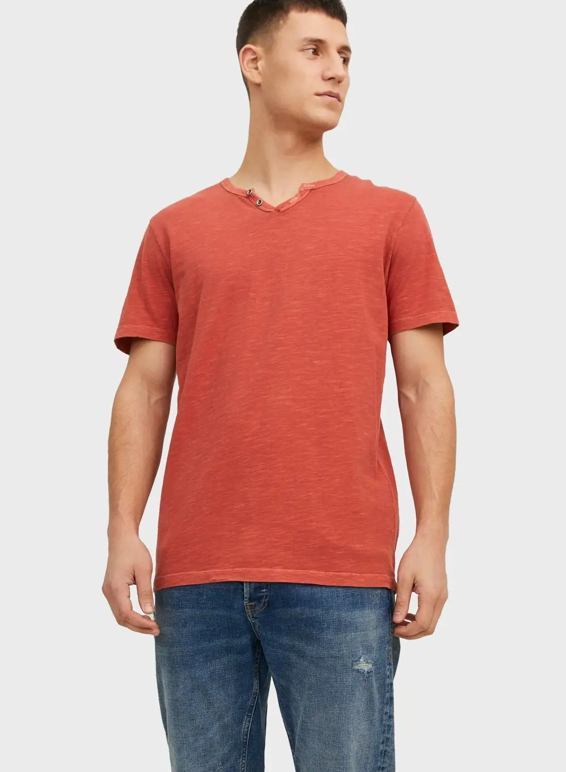 JACK & JONES Essential Slim Fit Split Neck T-Shirt