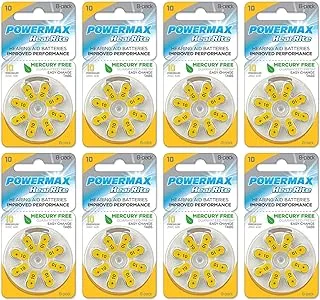 Powermax Size 10 Hearing Aid Batteries, Yellow Tab, Made In the USA, 64 Count