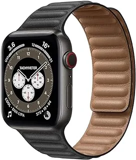 Promate Leather Strap for Apple Watch 42mm/44mm, Adjustable Genuine Leather Loop Wristband with Strong Magnetic Closure for Apple Watch Series 1,2,3,4,5,6,SE, Maglet-44 BLACK