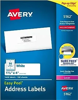 ملصقات عنوان Avery مع تغذية مؤكدة لطابعات الليزر، 1-1/3 بوصة × 4 بوصة، 1400 ملصق، لاصق دائم (5162)