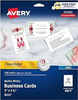 بطاقات عمل قابلة للطباعة من Avery، طابعات نفث الحبر، 200 بطاقة (عبوة من 1)، 2 × 3.5، حافة نظيفة، ثقيلة الوزن (8871)