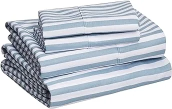 Amazon Basics Lightweight Super Soft Easy Care Microfiber Bed Sheet Set with 14” Deep Pockets - King, Dusty Blue Pinstripe