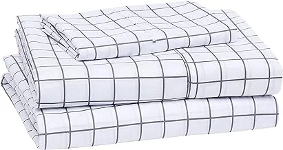 Amazon Basics Lightweight Super Soft Easy Care Microfiber Bed Sheet Set with 14” Deep Pockets - Twin, Blue Gray Windowpane