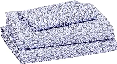 Amazon Basics Lightweight Super Soft Easy Care Microfiber Bed Sheet Set with 14” Deep Pockets - Twin, Blue Damask