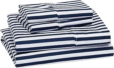 Amazon Basics Lightweight Super Soft Easy Care Microfiber Bed Sheet Set with 14” Deep Pockets - Queen, Navy Pinstripe