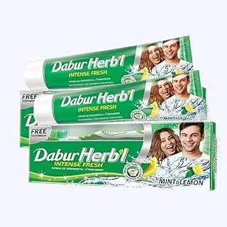 Dabur Herbal Intense Fresh Gel Toothpaste 150g + Toothbrush (Pack of 2), With Blend of Mint & Lemon, Natural Gel Toothpaste For Fresh Breath