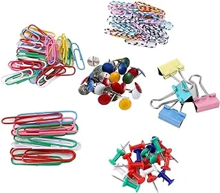 Lawazim Office Pins and Paper Clips Set - Durable Complete Desk Organization Kit with Standard and Binder Clips Thumb Tacks and Push Pins - Colorful Assortment for Home Office and School Classroom Use