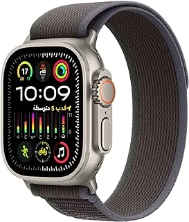 ساعة Apple Watch Ultra 2 الجديدة [GPS + Cellular 49mm] ساعة ذكية مع هيكل متين من التيتانيوم وحلقة تريل زرقاء/سوداء S/M. جهاز تتبع اللياقة البدنية، نظام تحديد المواقع العالمي (GPS) الدقيق، زر العمل، عمر بطارية طويل جدًا