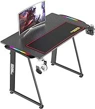 Twisted Minds A Shaped Gaming Desk-100cm Computer Desk with Mousepad, Cup Holder and Headphone Hook-Carbon Fiber Texture PC Gamer Desk with RGB LED Lights for Home & Office-Black Gaming Computer Desk