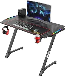 Twisted Minds Z Shaped Gaming Desk-100cm Computer Desk with Mousepad, Cup Holder and Headphone Hook-Carbon Fiber Texture PC Gamer Desk with RGB LED Lights for Home & Office-Black Gaming Computer Desk