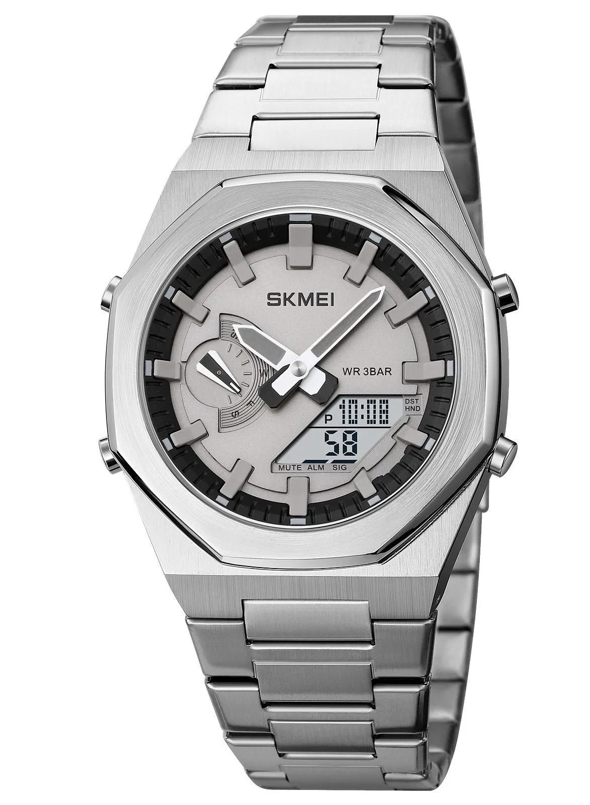 SKMEI Watch for Men Stainless Steel Water Resistant Analog Digital Watch Silver 41mm 1816