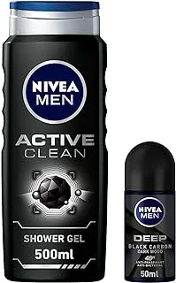 NIVEA MEN Shower Gel Body Wash, Active Clean Charcoal Woody Scent, 500ml + Antiperspirant Roll-on for Men, DEEP Black Carbon Antibacterial, 50ml