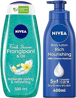 NIVEA Shower Gel Body Wash, Frangipani & Oil Caring Oil, 500ml + Body Lotion Extra Dry Skin, Nourishing Almond Oil & Vitamin E, 400ml