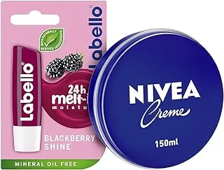 LABELLO Lip Balm, Blackberry Shine 4.8g + NIVEA Moisturising Cream, Universal All Pourpose Moisturizer for Face Body Hands, Tin 150ml
