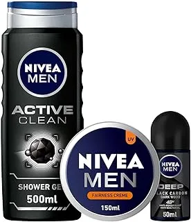 NIVEA MEN Shower Gel Body Wash, Active Clean Charcoal Woody Scent, 500ml + Antiperspirant Roll-on for Men, DEEP, 50ml + Face, Body & Hands Fairness Cream, Tin 150ml