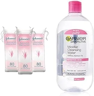 Johnson Cotton pads pack of 3, and Garnier Skinactive Micellar Cleansing Water Classic, MakEUp Remover 700 Ml