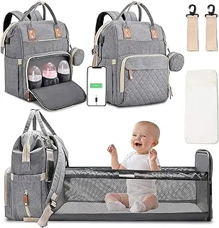 3 in 1 Diaper Bag Backpack with Changing Station Portable Baby Bag Foldable Baby Bed Back Pack Travel Waterproof Large Travel Bag with USB, Stroller Straps, Insulated Pockets
