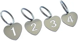 علامات مفاتيح على شكل قلب من الفولاذ المقاوم للصدأ مع حلقات، نحت علامات تعريف أرقام مجوفة مع حلقات مفاتيح