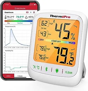 ThermoPro TP359 مقياس حرارة رطوبة بلوتوث، جهاز مراقبة درجة الحرارة والرطوبة عن بعد لاسلكي 260 قدم، مع شاشة LCD بإضاءة خلفية كبيرة، مقياس حرارة الغرفة الداخلية ومقياس الرطوبة، الحد الأقصى للسجلات