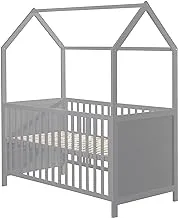 سرير Roba Wooden House مقاس 70x140 سم - سرير أطفال معتمد قابل للتحويل إلى سرير طفل صغير - ارتفاع قابل للتعديل مع درجات قابلة للإزالة (رمادي)