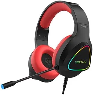 سماعة الرأس Vertux Trinity Stereo Immersive Pro Gaming فوق الأذن [ضمان لمدة عامين] | سماعات رأس سلكية مع ميكروفون قابل للتعديل | التحكم في مستوى الصوت | 7.1 قناة صوت | أضواء RGB LED | كابل USB مضفر - أحمر