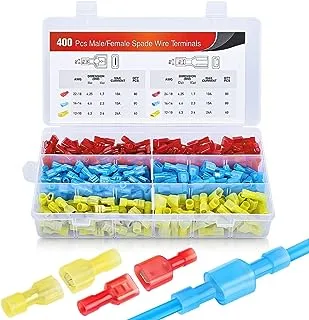 Nilight 400 Pcs Spade Terminals Nylon Quick Disconnect Terminals Male and Female Spade Connectors Kit Electrical Insulated Wire Crimp Terminals Assortment Kit, 2 Years Warranty