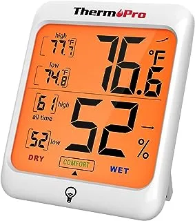 ThermoPro TP53 مؤشر قياس الرطوبة والرطوبة مقياس حرارة داخلي رقمي درجة حرارة الغرفة ومراقبة الرطوبة مع إضاءة خلفية تعمل باللمس