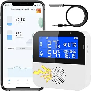【No Battery Required】Smart Temperature and Humidity Sensor Built-in 500mA Battery and with Temperature Detection Probe, Alarm Function, Linkage air conditioner, humidifier, APP Control.
