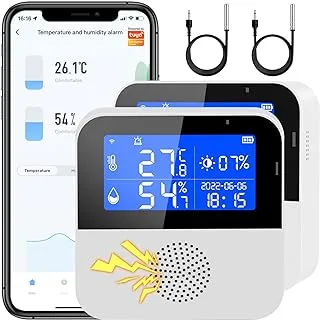 【No Battery Required】Smart Temperature and Humidity Sensor Built-in 500mA Battery and with Temperature Detection Probe, Alarm Function, Linkage air conditioner, humidifier, APP Control.(2PCS)