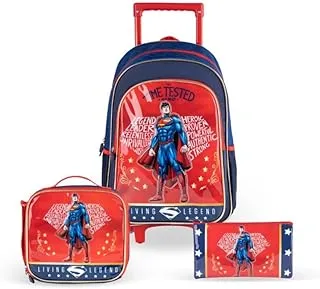 Warner Bros' Superman Time Tested Hero 3 in 1 3D Cartoon Backpack Large Capacity Trolley School Bag With Lunch Bag & Pencil Bag Water Resistant, Perfect for Kids Ages 3-8