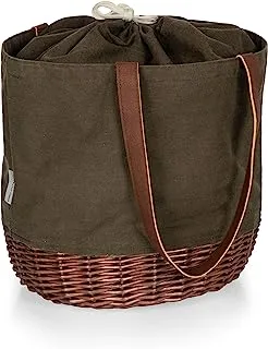 PICNIC TIME Coronado Canvas and Willow Basket Tote, Picnic Tote Bag, Beach Tote, (Khaki Green with Beige Accents)