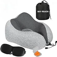 SKY-TOUCH Travel Pillow Set, Memory Foam Neck Pillow, U Shape Head Pillow Airplane Travel Kit with 3D Contoured Eye Masks, Earplugs and Storage Bag, grey