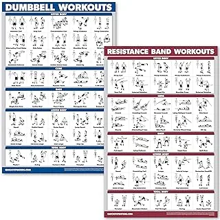 QuickFit Dumbbell Workouts and Resistance Bands Exercise Poster Set - Laminated 2 Chart Set - Dumbbell Exercise Routine & Resistance Tubes Workouts