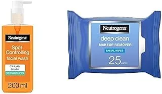 Neutrogena, Spot Controlling Oil-free Facial Wash, 200ml, Neutrogena Makeup Remover, Face Wipes, Deep Clean, Pack of 25 wipes