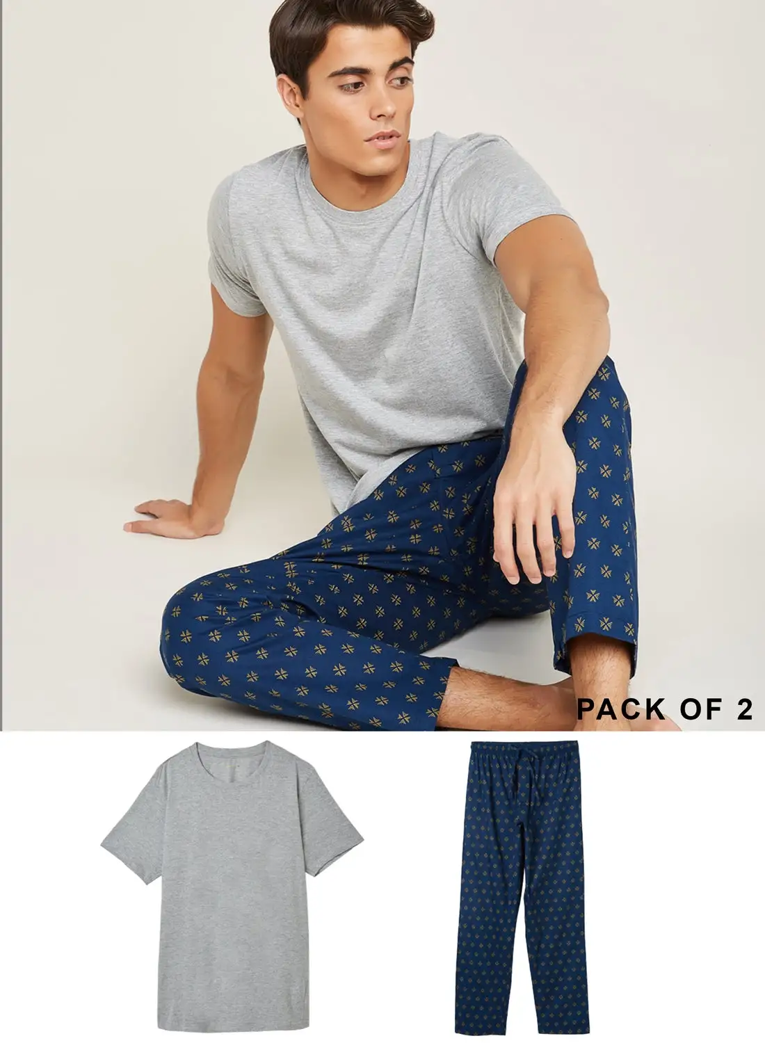 Noon East Pack of 2 (T-Shirt And Trackpant), 100% Soft Cotton, Comfort Fit, Side Pocket, Elasticated Waistband Grey/Blue