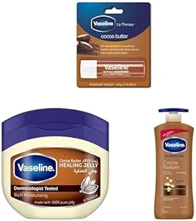VASELINE LIP THERAPY COCOA BUTTER 4.8GM + Vaseline Petroleum Jelly Cocoa Butter, 250ml + Vaseline Body Lotion Cocoa Radiant With Cocoa Butter 400ml