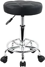 SKY-TOUCH Round Rolling Stool: Vanity Chair with PU Leather Height Adjustable 360° Swivel Stool with Wheels for Office Home Drafting Work Studio Shop SPA Salon