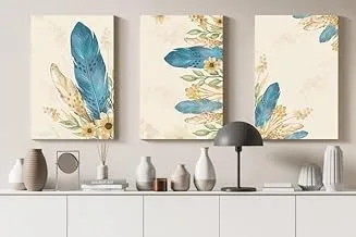 معرض المنزل مجموعة من ثلاثة لوحات جدارية فنية من القماش الكتاني مطبوعة على شكل ريشة زرقاء 60x40 سم