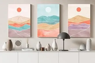 home gallery Set of three abstract aesthetic mid century modern colorful landscape Printed Canvas wall art 60x40 cm