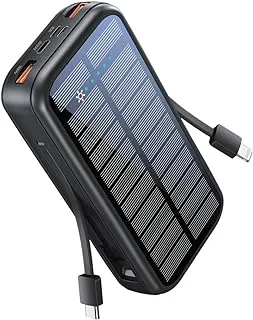 بروميت بنك طاقة يعمل بالطاقة الشمسية، شاحن بطارية محمول بقدرة 20000 مللي أمبير في الساعة مع كابلات USB-C وLightning مدمجة 5 فولت/2.1 أمبير، توصيل طاقة USB-C بقدرة 20 وات ومنفذ QC 3.0 مزدوج لهاتف iPhone 13 وGalaxy S22 وSolarTank-20PDCI
