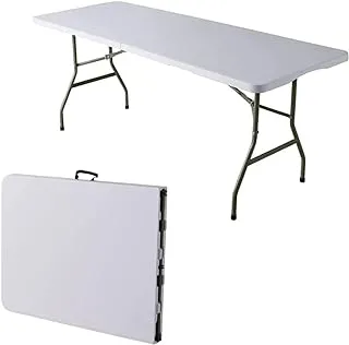 طاولة ECVV قابلة للطي خفيفة الوزن للتخييم في الهواء الطلق قابلة للطي، طاولة نزهة قابلة للطي من البلاستيك شديد التحمل في الهواء الطلق، طاولة قابلة للطي لحفلات الشواء، قابلة للطي بنصف مع مقبض حمل، أبيض | 180 × 70 × 74 سم |