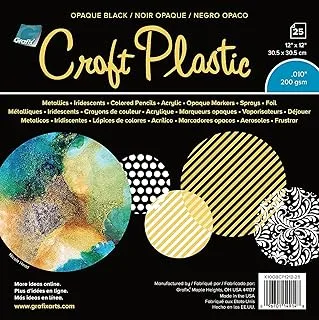 Grafix Opaque Craft Plastic – Black, 12 x 12”, Pack of 25 – Opaque .010” Craft Plastic Film, Durable and Flexible Film, Perfect for DIY Crafts, Stencils, Journals, Cards, 3D Embellishments, and More
