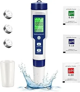 5 in 1 PH Meter,PH/TDS/EC/Salinity/Temp Meter for Water, High Accuracy Water Testing Kits for Drinking Water, Pools, Fish Tank, and Hydroponics,with 3 PH Buffer Powders (EZ-9910)