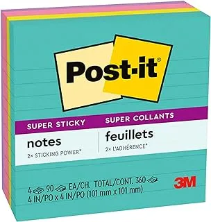 Post-It Super Sticky Notes, 4X4 In, 4 Pads, 2X The Sticking Power, Miami Collection, Neon Colors (Orange, Pink, Blue, Green), Recyclable (675-4Ssmia)