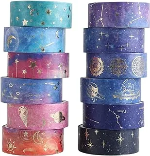 Galaxy Purple Bronzing Washi Tape, 12 Rolls DIY Hand Account Creative Decorative Stickers Handmade Accessories Gold Foil Paper Tapes with Constellations, Blue Sky, Moon, Stars, Celestial Bodies