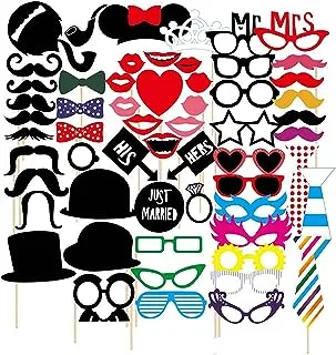 SHULLIN 58 Pcs Party Birthday Funny Selfie Frame Photo Booth Props Set Wedding Photobooth Props Kit with Moustache Glasses Bow Lips Hat for Birthday Weddings New Years Graduation Party Supplies