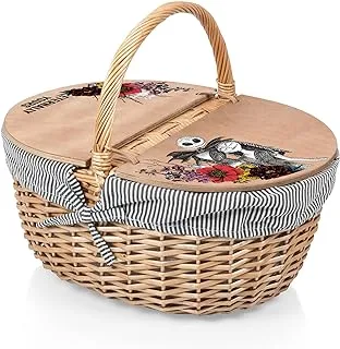 PICNIC TIME Disney Nightmare Before Christmas Jack & Sally Country Vintage Picnic Basket with Lid, Wicker Picnic Basket for 2, (Navy Blue & White Stripe)